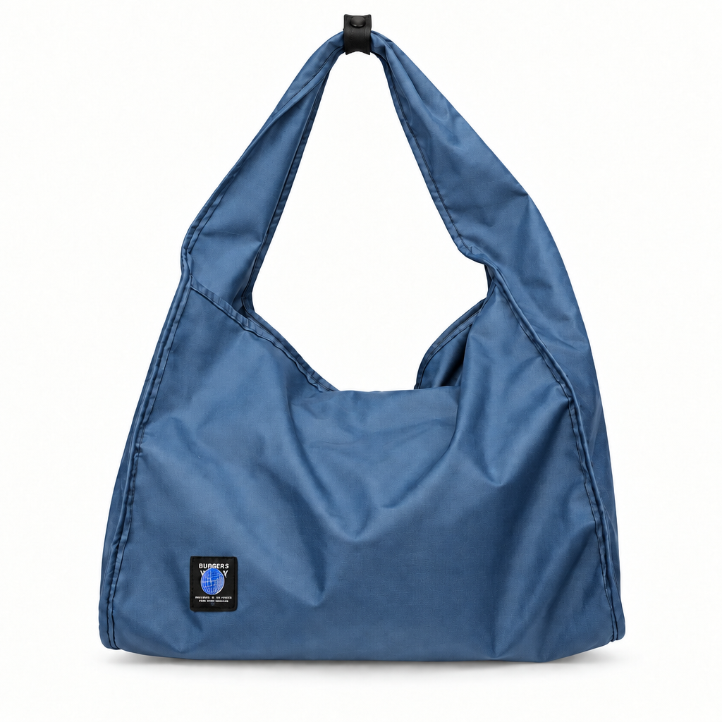 Globe Patch Wide-Strap Slouchy Shoulder Bag - denim blue, studio view