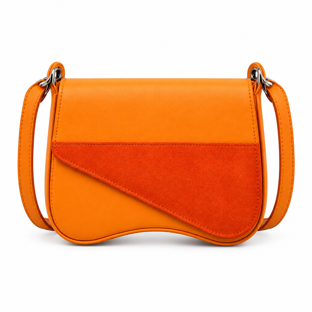 Suede panel saddle shoulder bag - orange, studio view