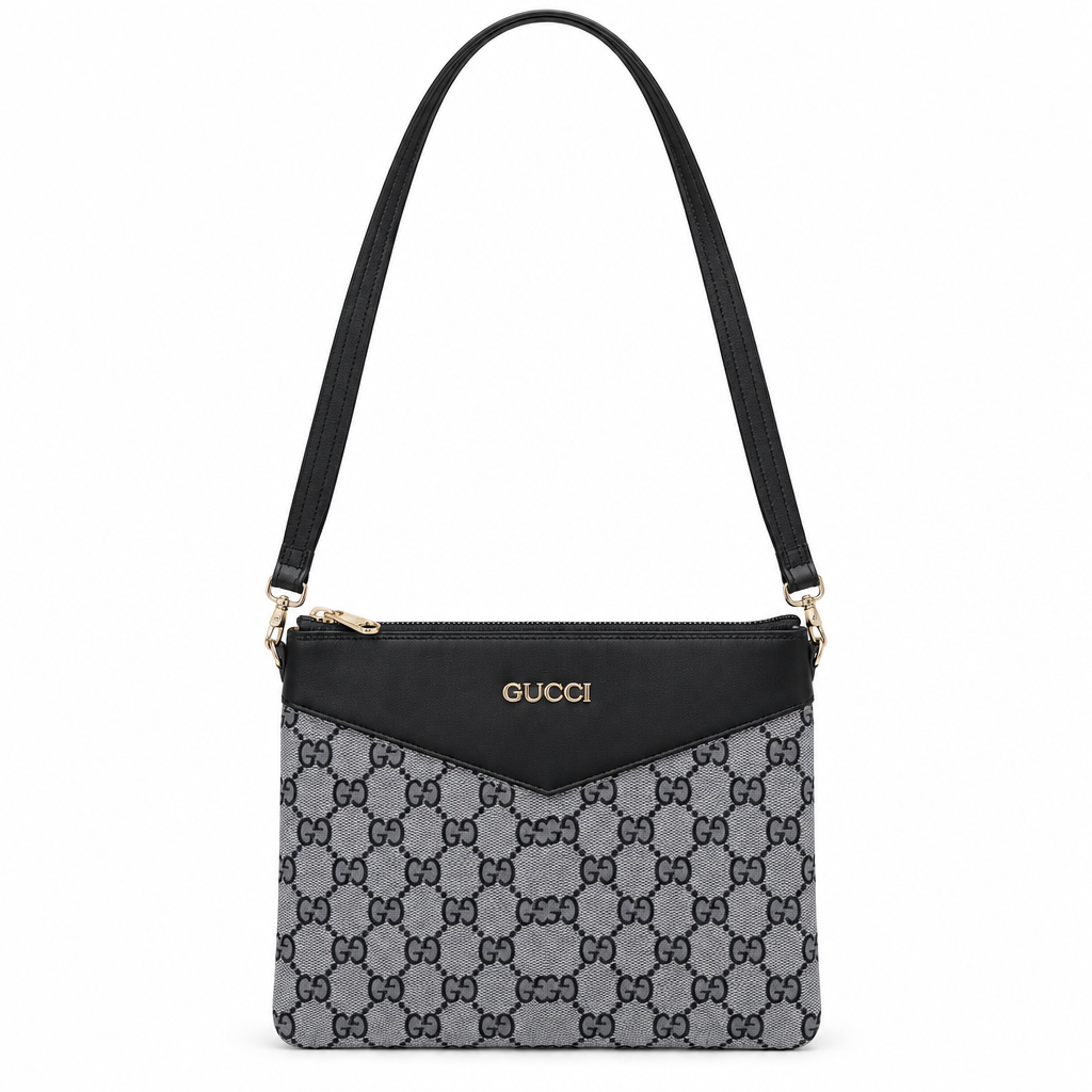 Gucci style GG canvas crossbody pouch - grey with black, studio view
