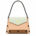 Fendi style color-block chain crossbody bag - blush with mint flap and tan studded base, front studio view