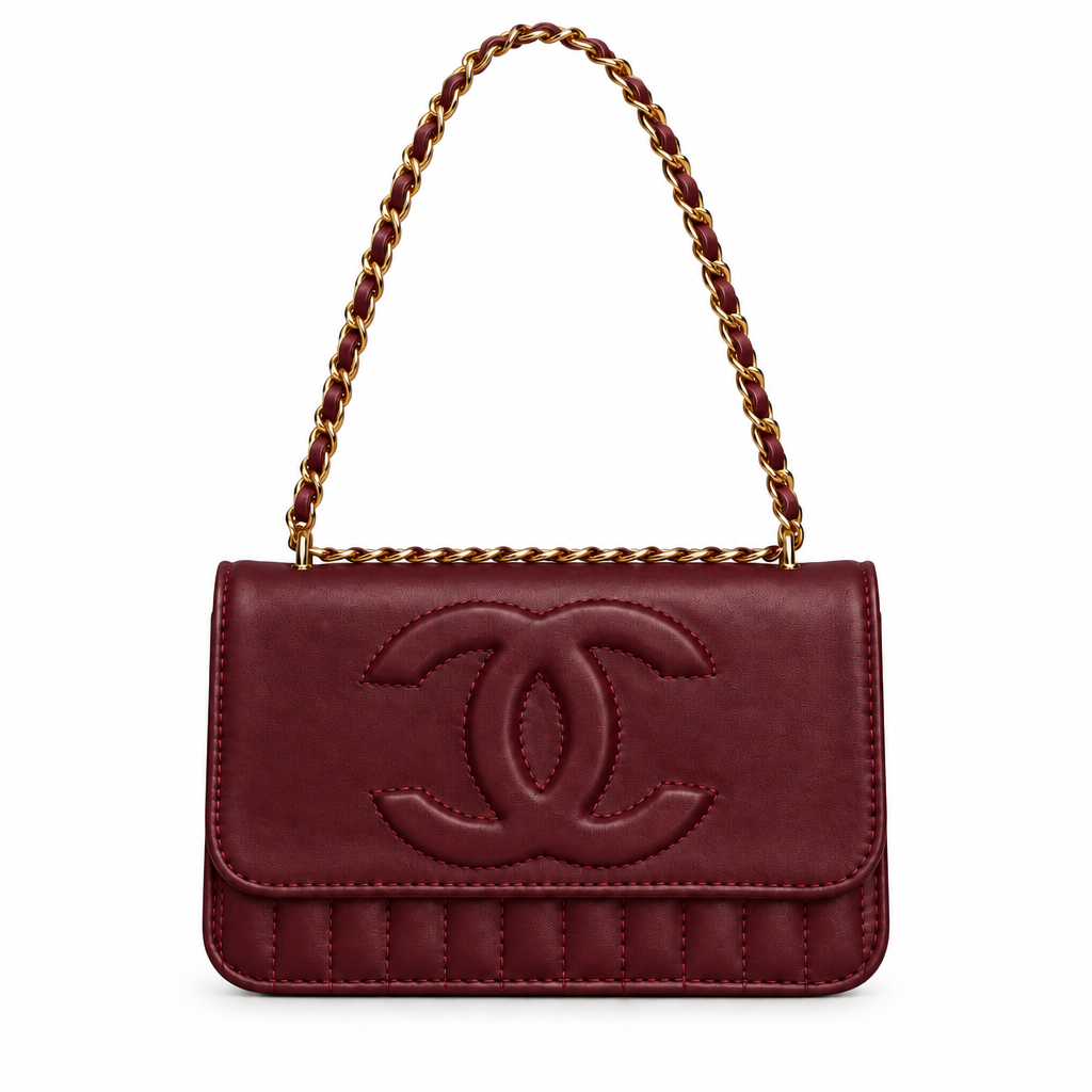 Chanel style quilted CC chain flap shoulder bag - burgundy, studio view
