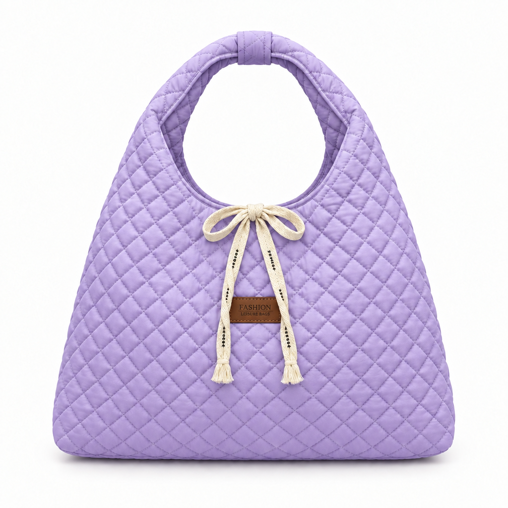 Diamond-Quilted Ribbon Bow Shoulder Tote - lilac, studio view