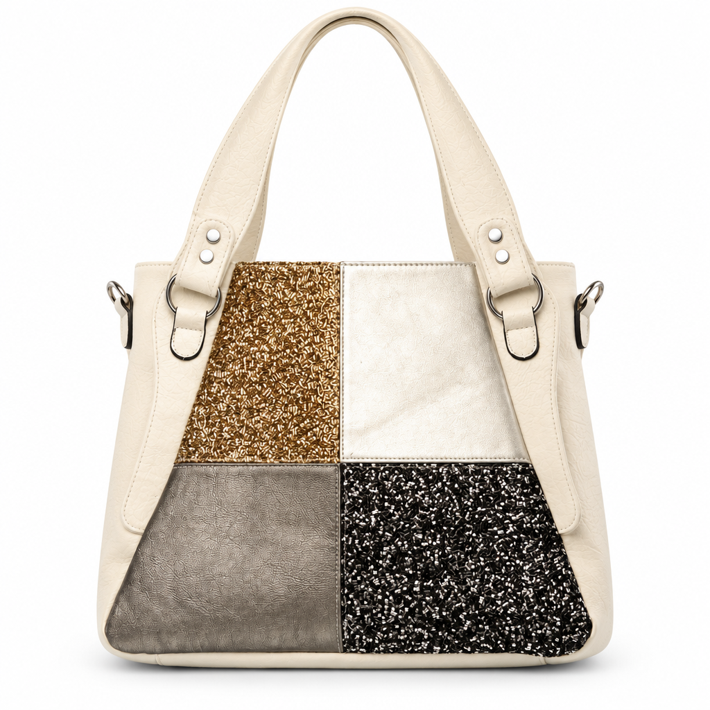 Beaded color block patchwork tote - cream, studio view