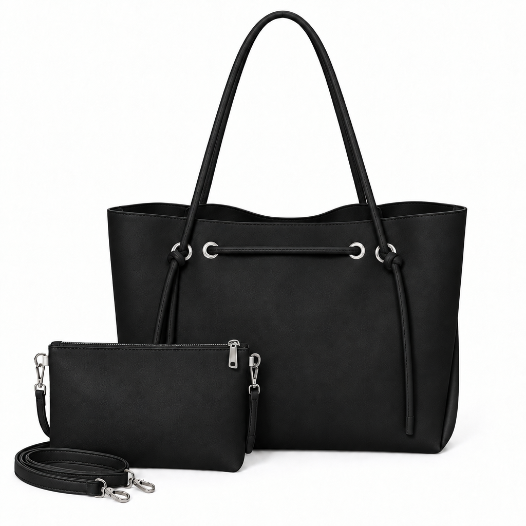 Knotted Cord Shoulder Tote & Matching Pouch Set - black, studio view