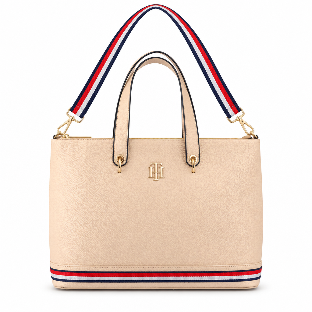 Tommy Hilfiger style TH tote with striped strap - beige, studio view