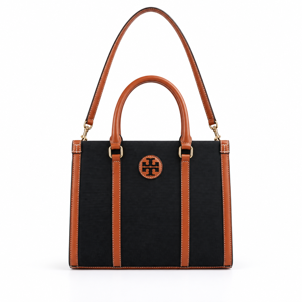 Tory Burch style canvas tote with Double-T logo - black with cognac leather, studio view