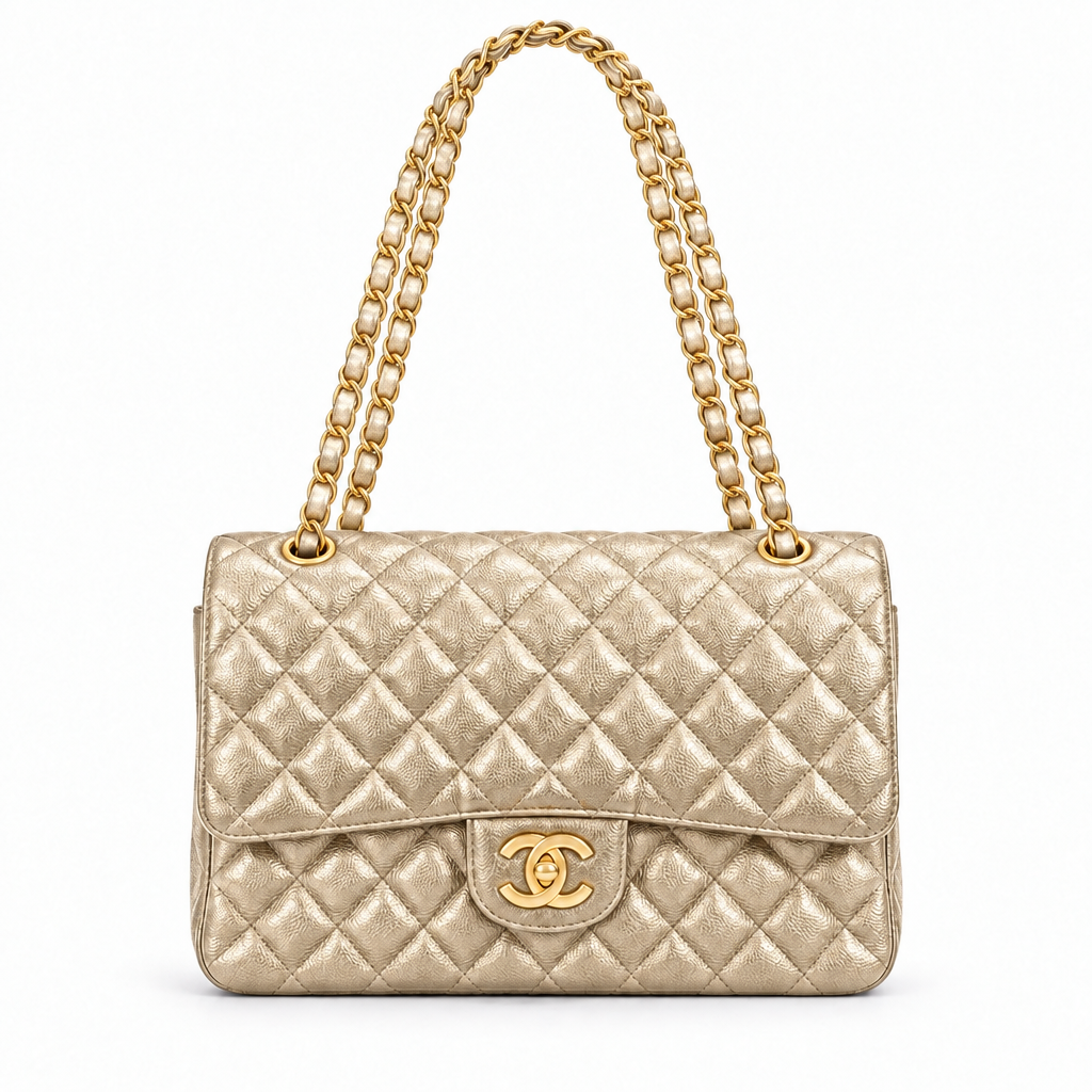 Chanel style medium classic quilted flap bag - champagne gold, studio view