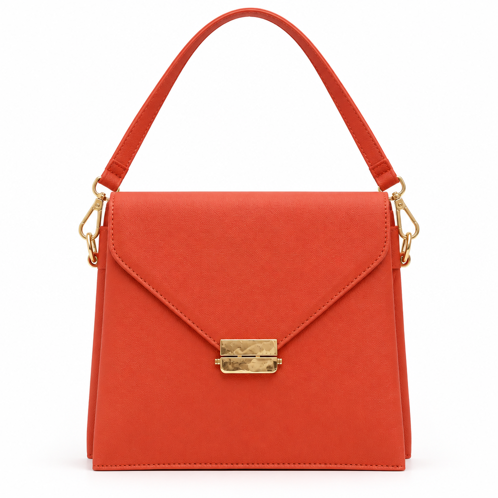 Envelope flap top handle bag - orange, studio view