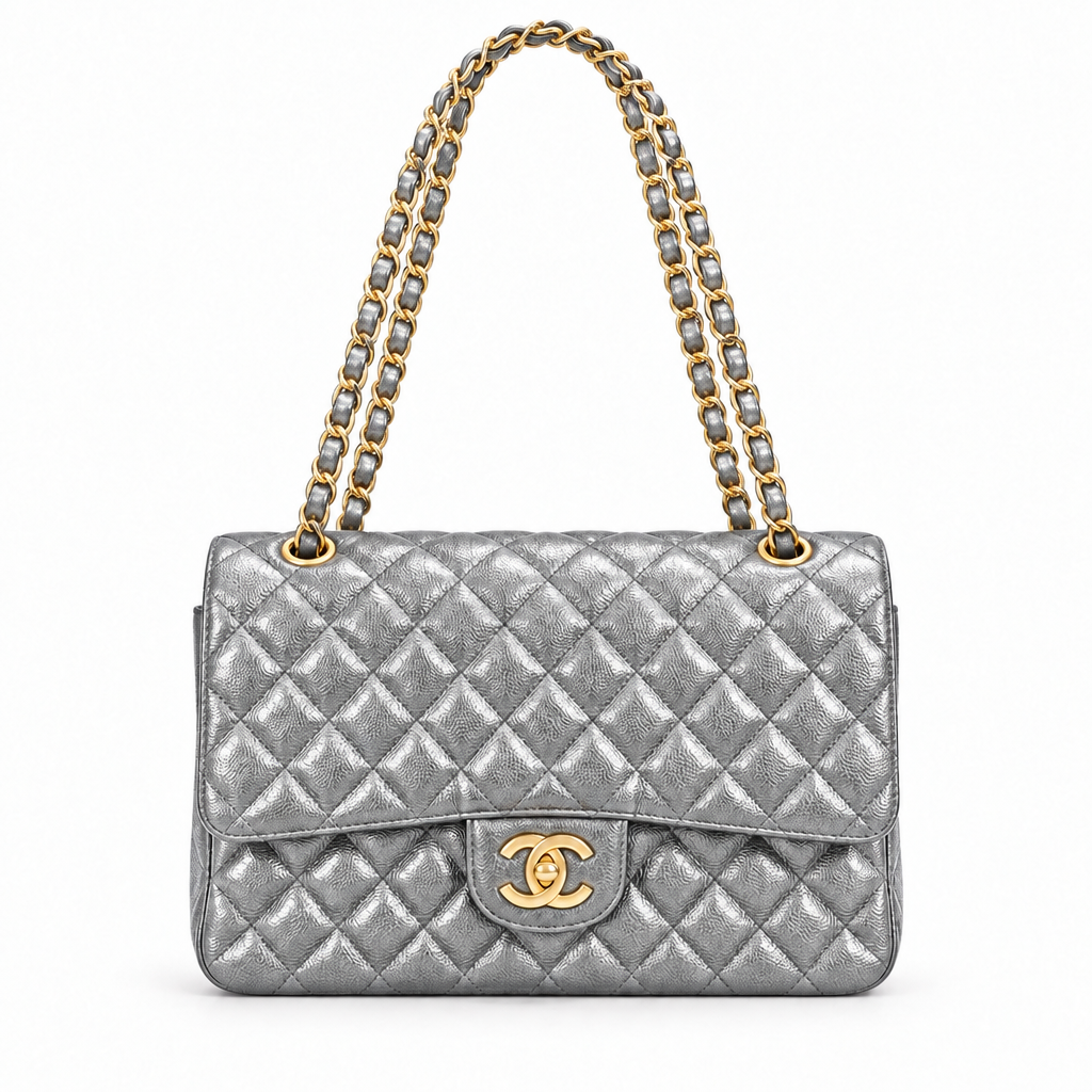 Chanel style medium classic quilted flap bag - metallic silver, studio view