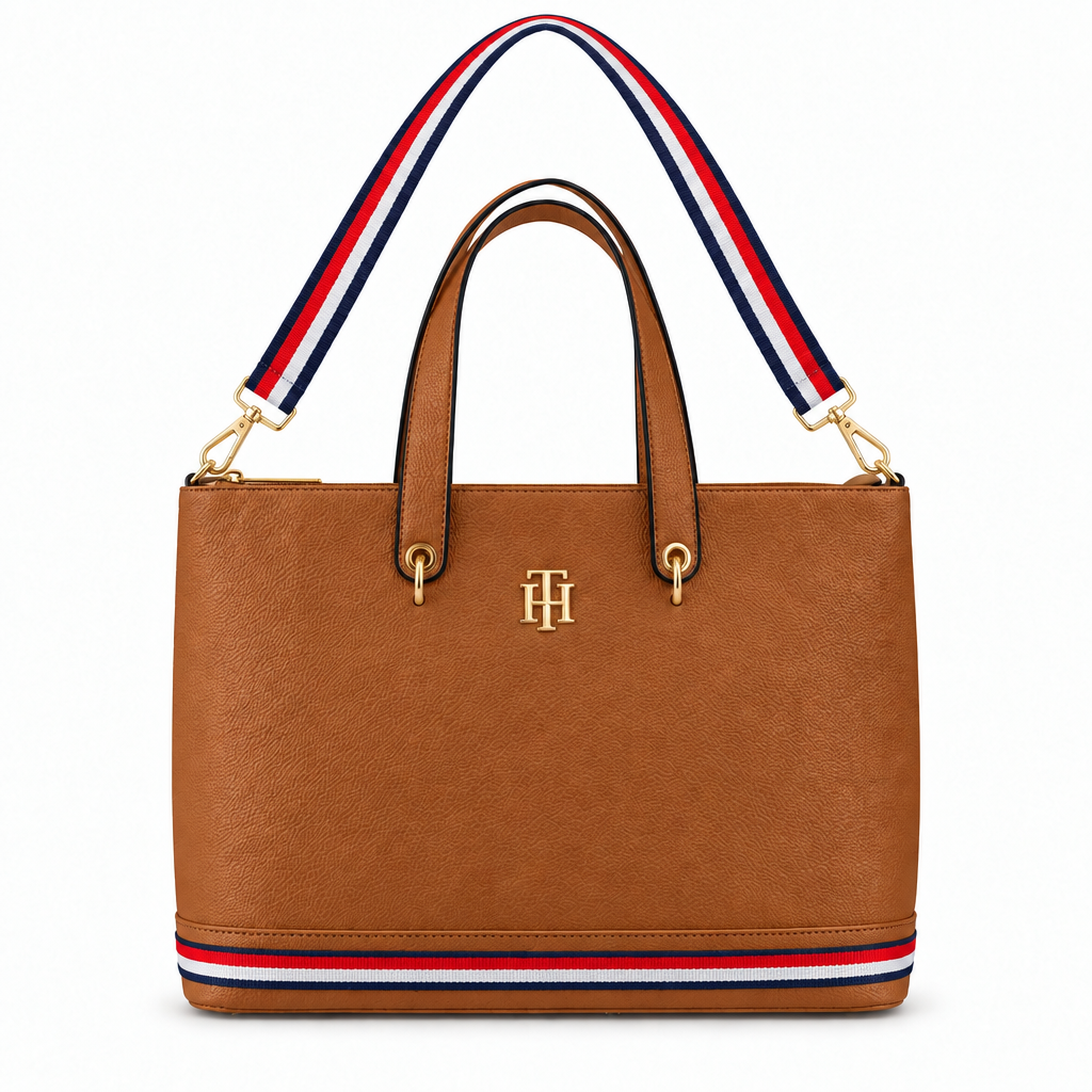 Tommy Hilfiger style TH tote with striped strap - cognac, studio view