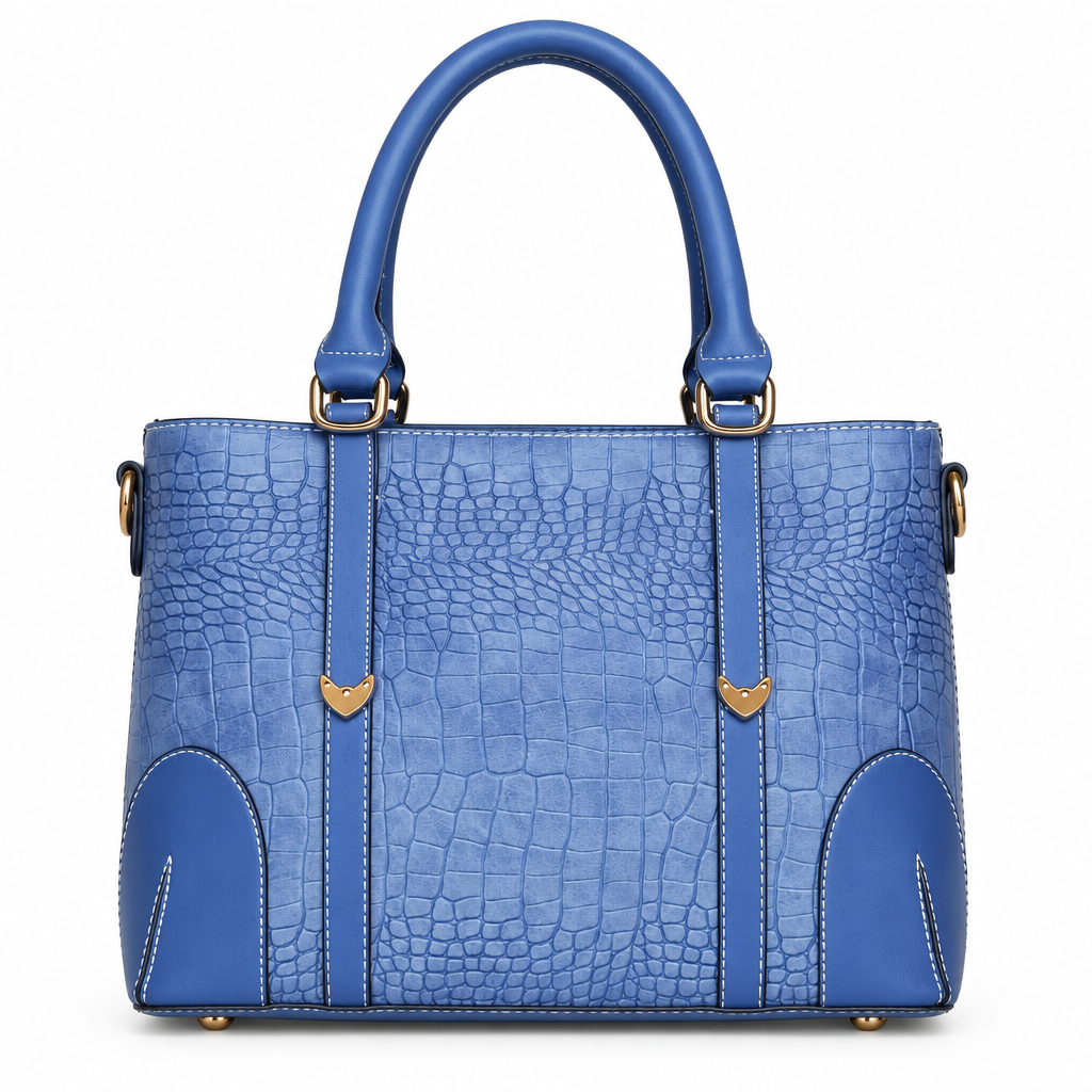 Croc embossed leather top handle handbag - blue, studio view