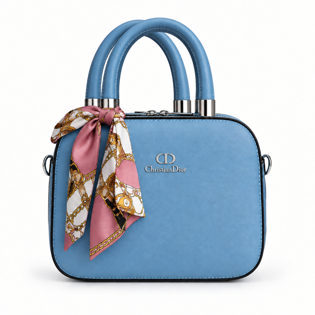 Dior Style Scarf-Handle Mini Bowler Bag - sky blue, studio view