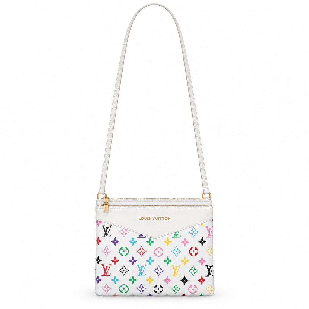 Louis Vuitton style double zip crossbody pouch - white multicolor monogram, studio view