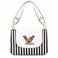 Louis Vuitton style striped twist lock flap bag - white and black stripe, studio view