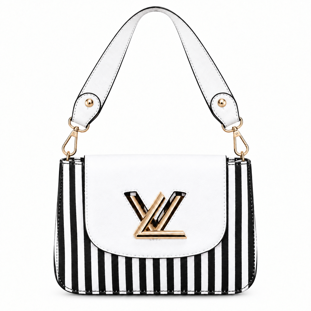Louis Vuitton style striped twist lock flap bag - white and black stripe, studio view