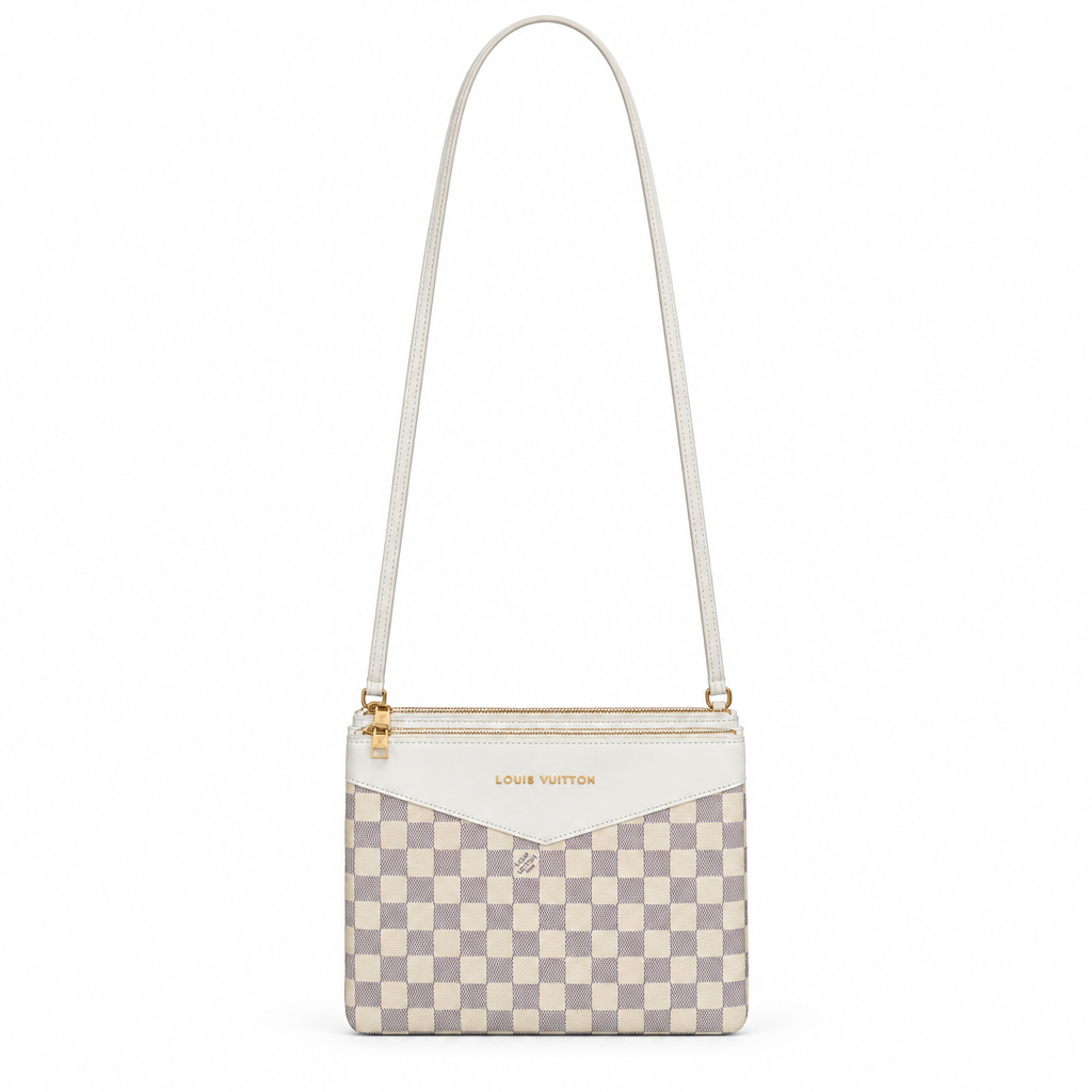 Louis Vuitton style double zip crossbody pouch - white check, studio view