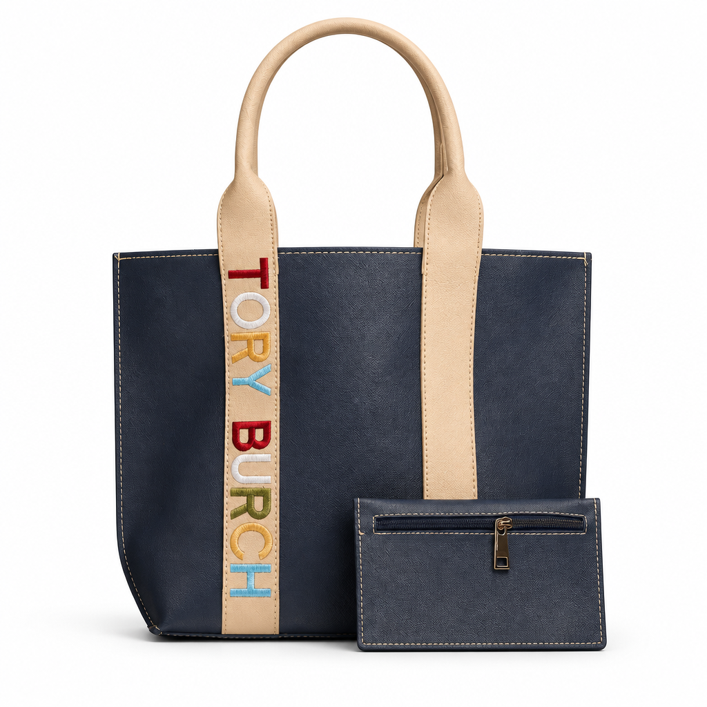 Tory Burch style embroidered logo tote with pouch - navy, studio view