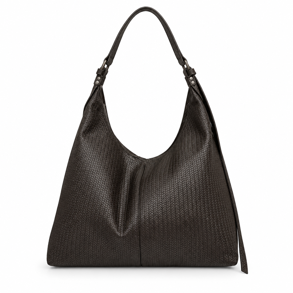 Woven Texture Adjustable-Strap Slouchy Hobo Bag - dark brown, studio view