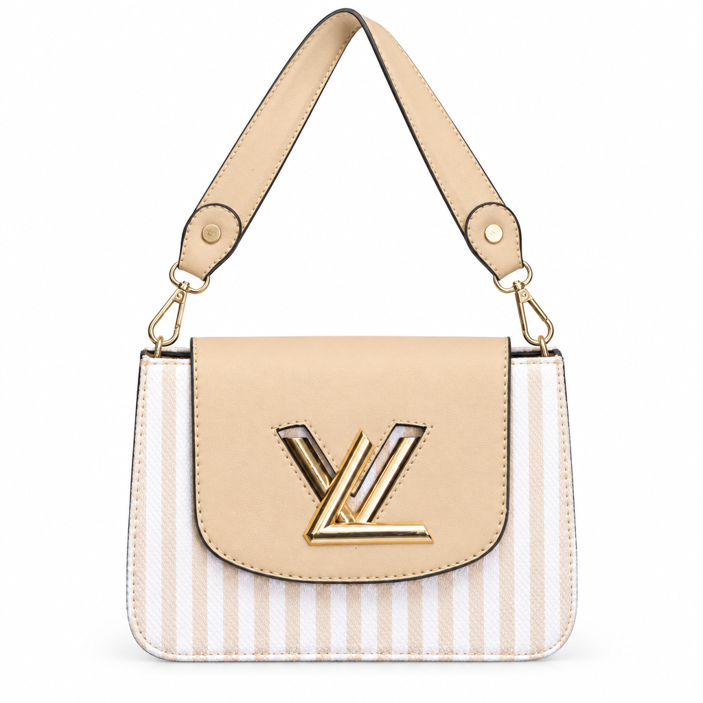 Louis Vuitton style striped twist lock flap bag - design 6, studio view