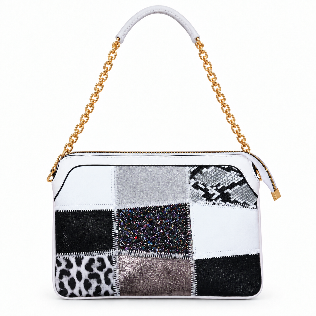 Patchwork chain shoulder bag - white, studio view