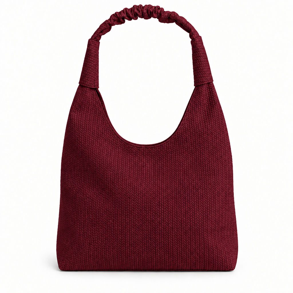 Zara Style Woven Texture Ruched-Handle Shoulder Bag - burgundy, studio view