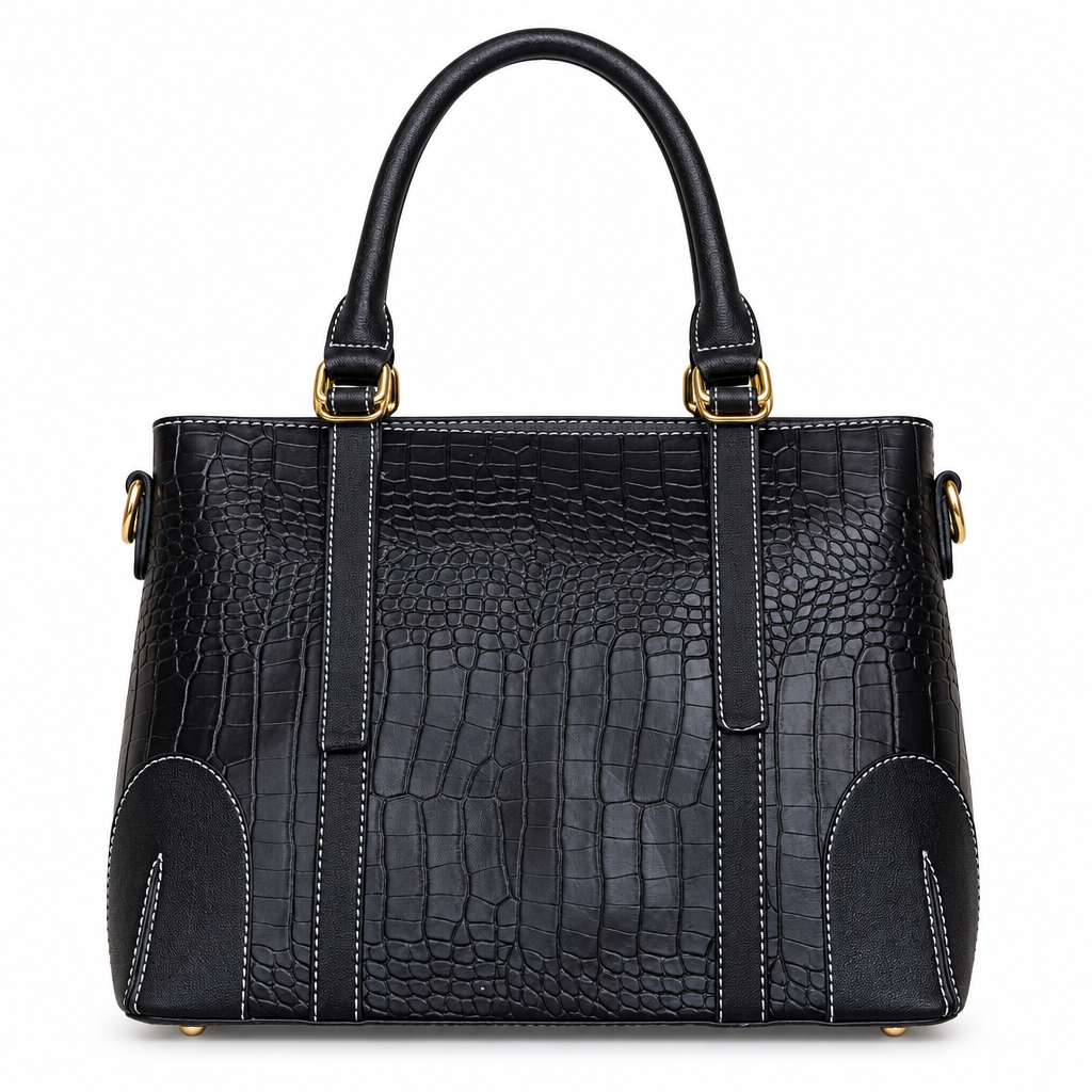 Croc embossed leather top handle handbag - black, studio view