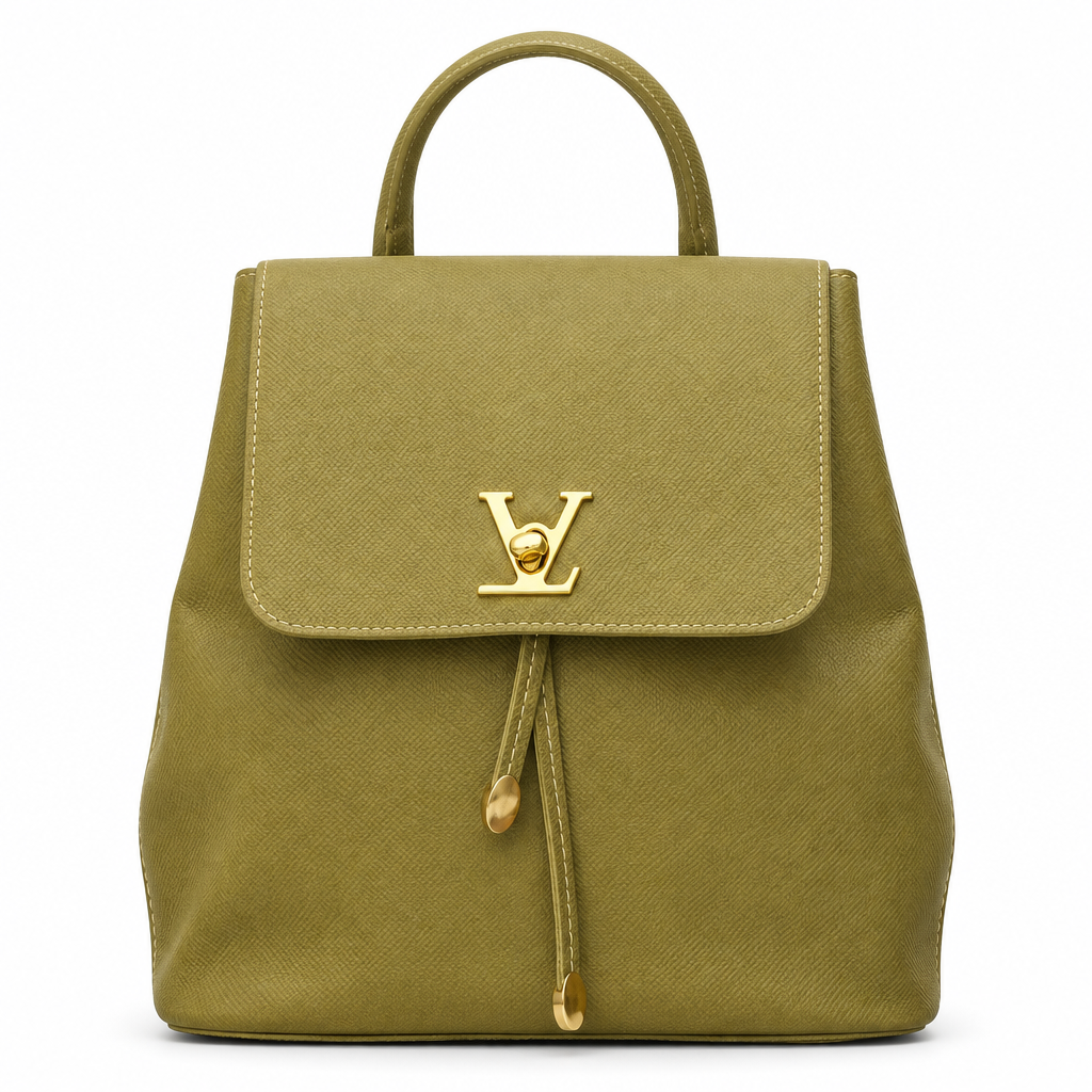 Designer style flap backpack - olive green LV style, studio view