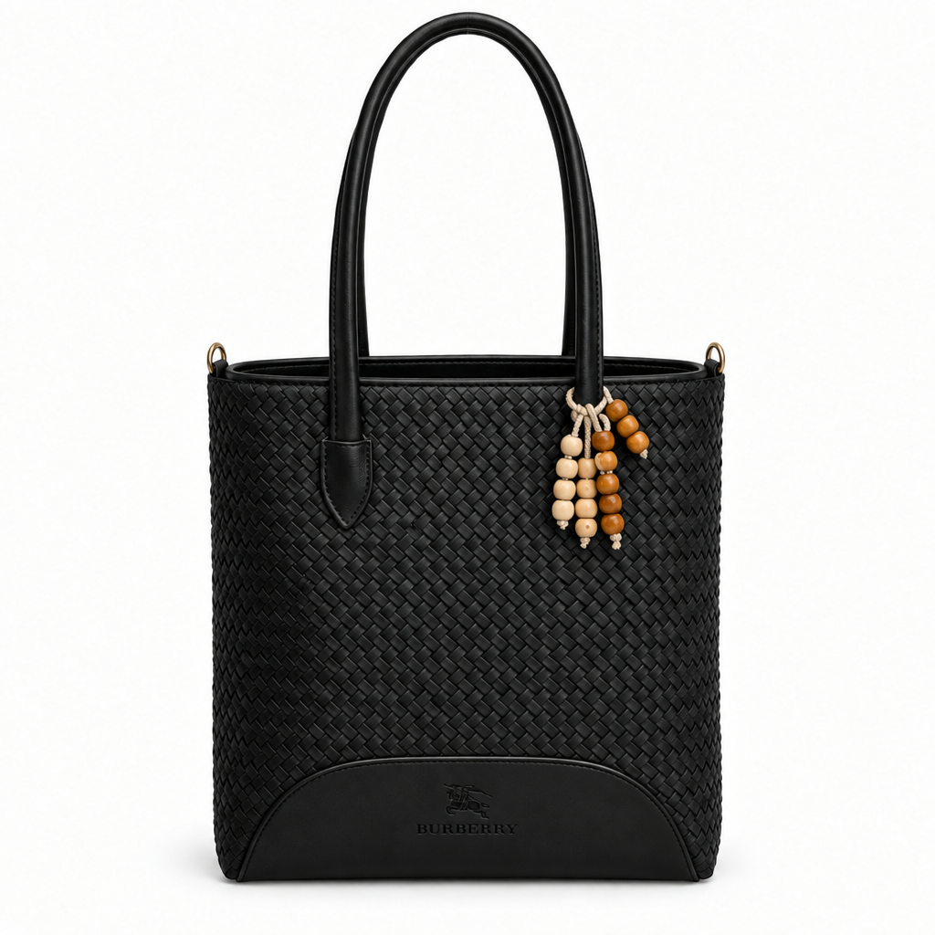 Burberry Style Woven Bead-Charm Shoulder Tote - black, studio view