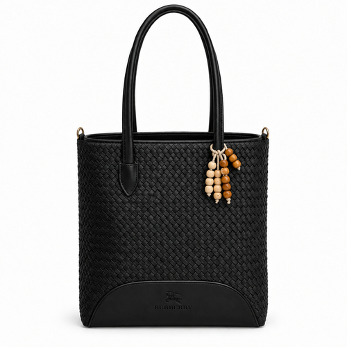 Burberry Style Woven Bead-Charm Shoulder Tote - black, studio view
