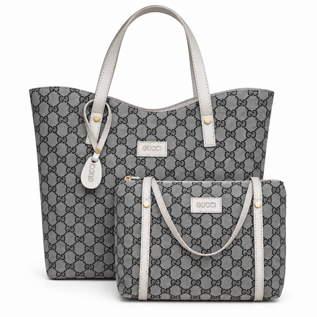 Gucci style GG canvas tote with pouch set - grey, studio view