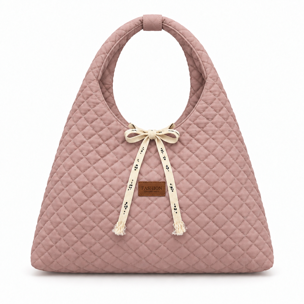 Diamond-Quilted Ribbon Bow Shoulder Tote - dusty pink, studio view