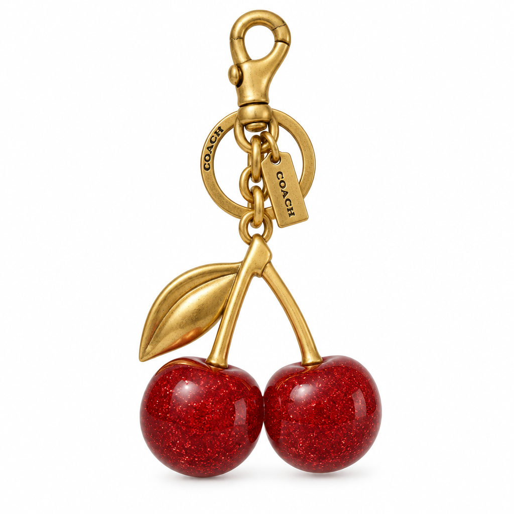 Coach style cherry bag charm keychain - red and gold, studio view