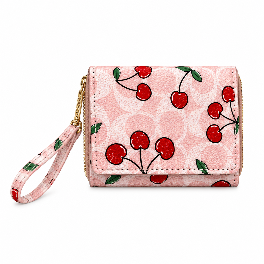 Coach style cherry wristlet wallet - pink, studio view