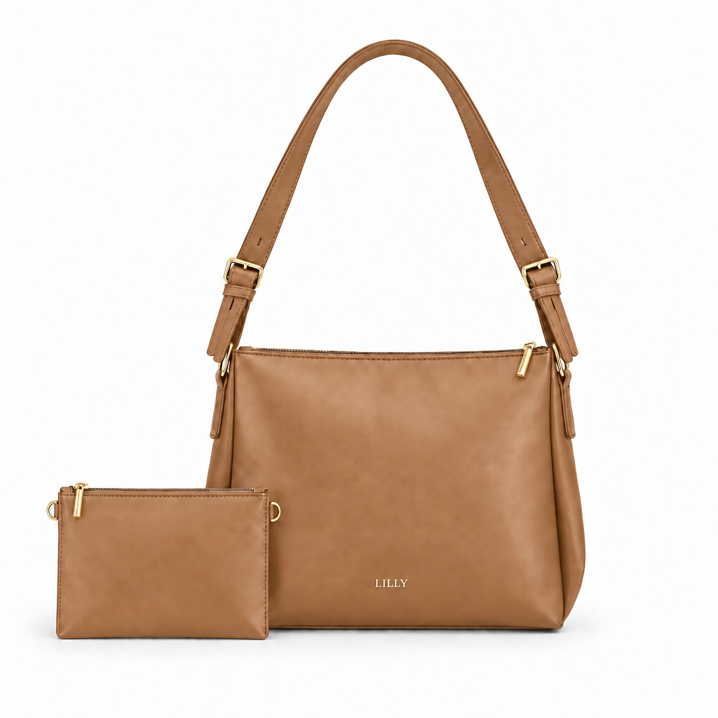 LILLY Style Classic Shoulder Bag - camel with coordinating pouch, studio reference