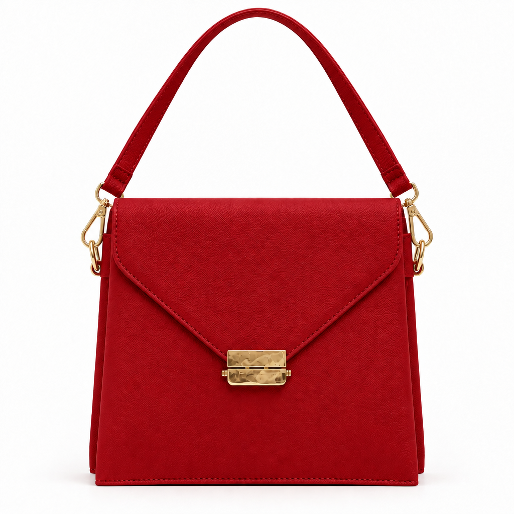 Envelope flap top handle bag - red, studio view