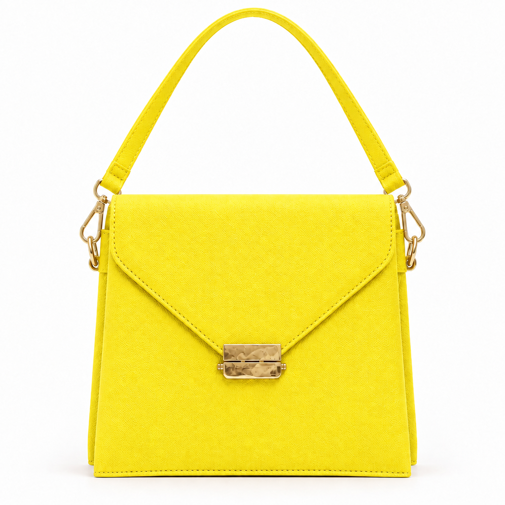 Envelope flap top handle bag - yellow, studio view