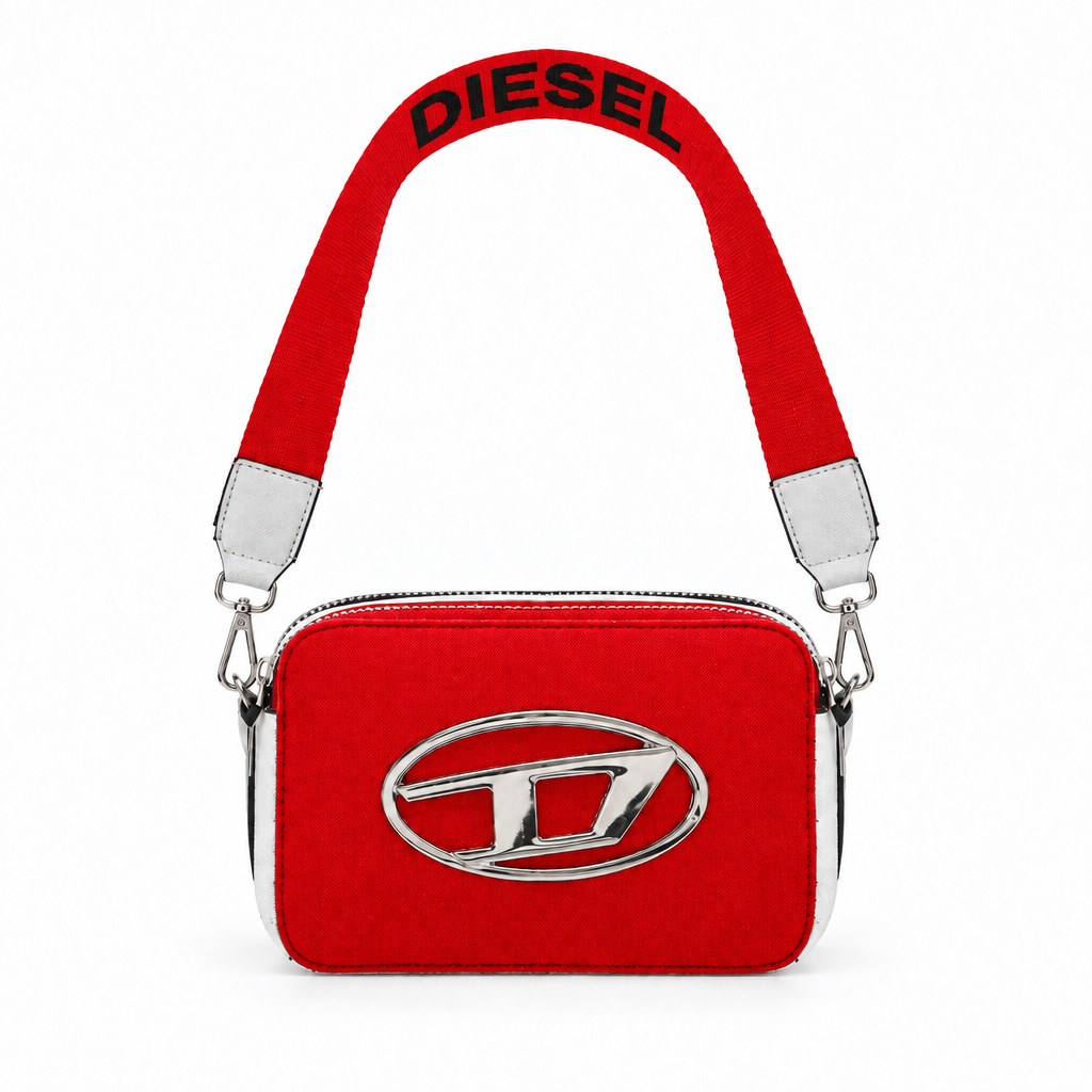 Diesel style camera bag with oval D logo - red, studio view