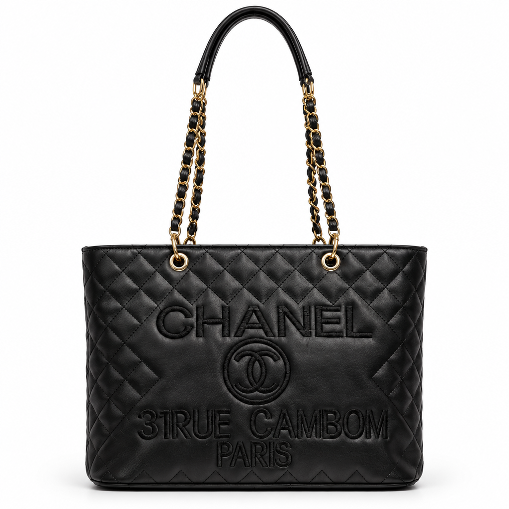 Chanel style quilted chain shopping tote - black, studio view