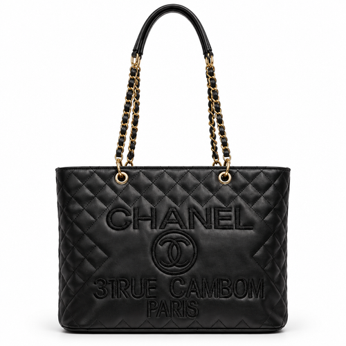Chanel style quilted chain shopping tote - black, studio view