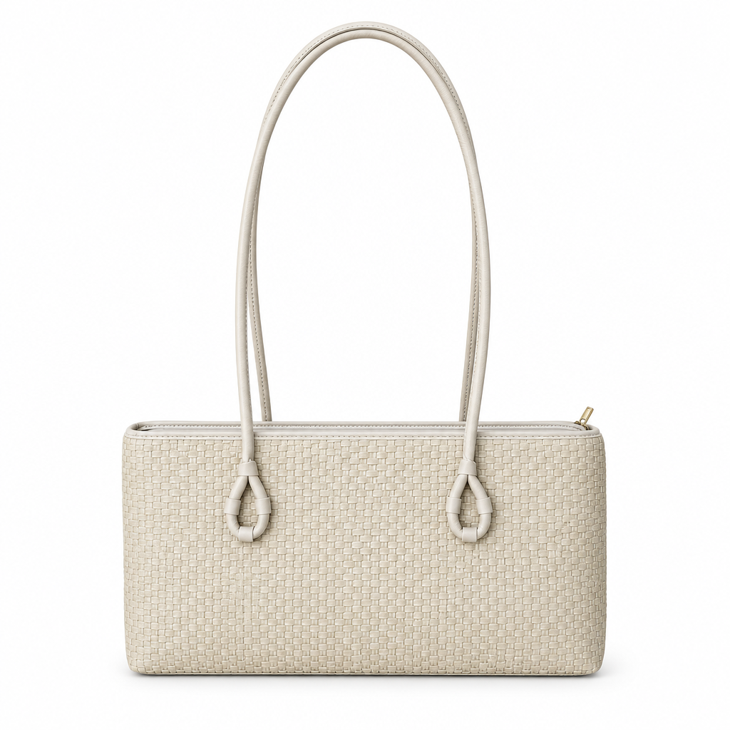 Zara Style Woven Texture Long-Handle Shoulder Bag - cream, studio view