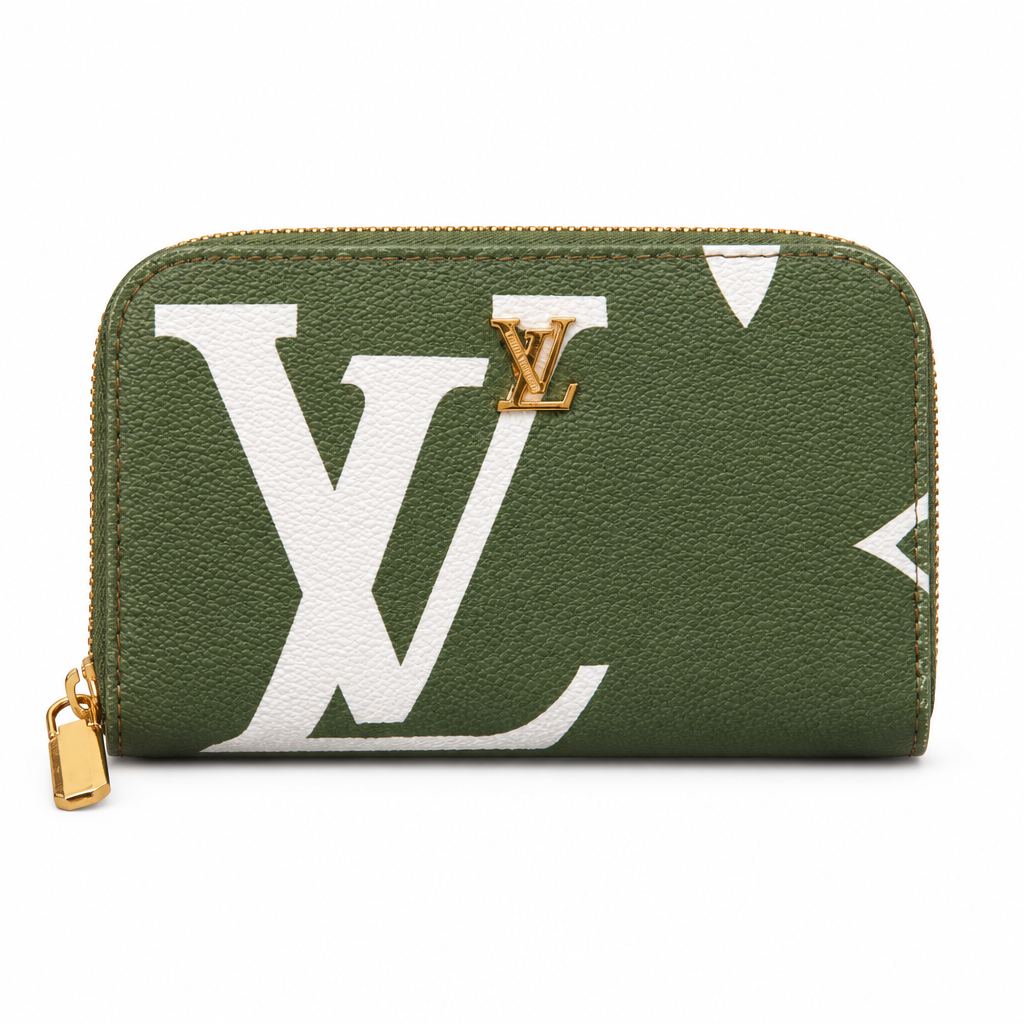 Louis Vuitton style giant monogram zip wallet - khaki green and white, studio view