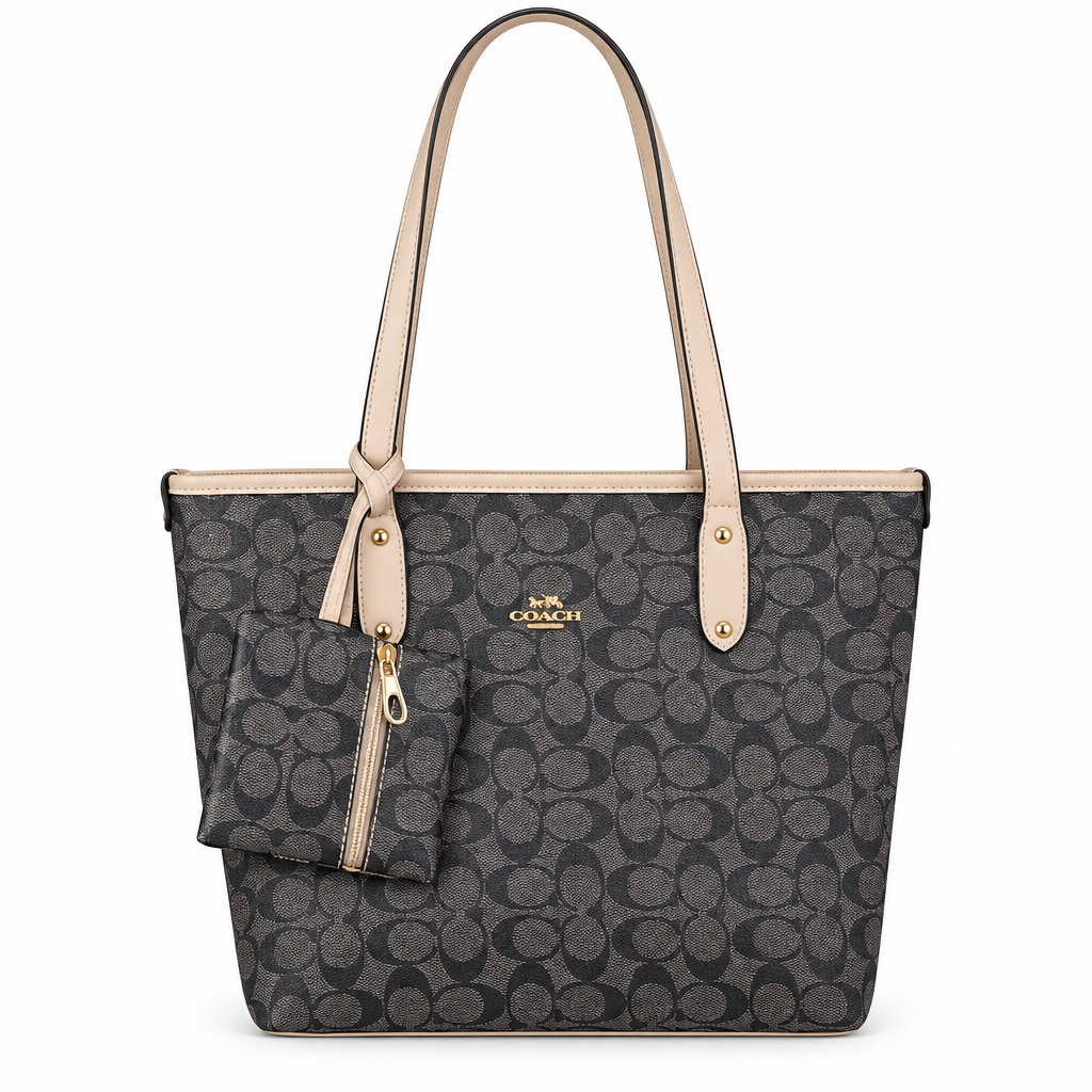 Coach Style Signature Shoulder Tote & Pouch Set - charcoal with cream trim, studio view