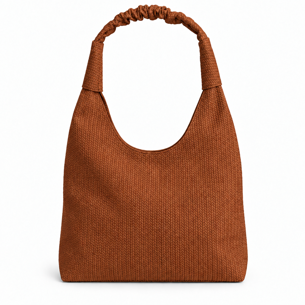 Zara Style Woven Texture Ruched-Handle Shoulder Bag - cognac, studio view