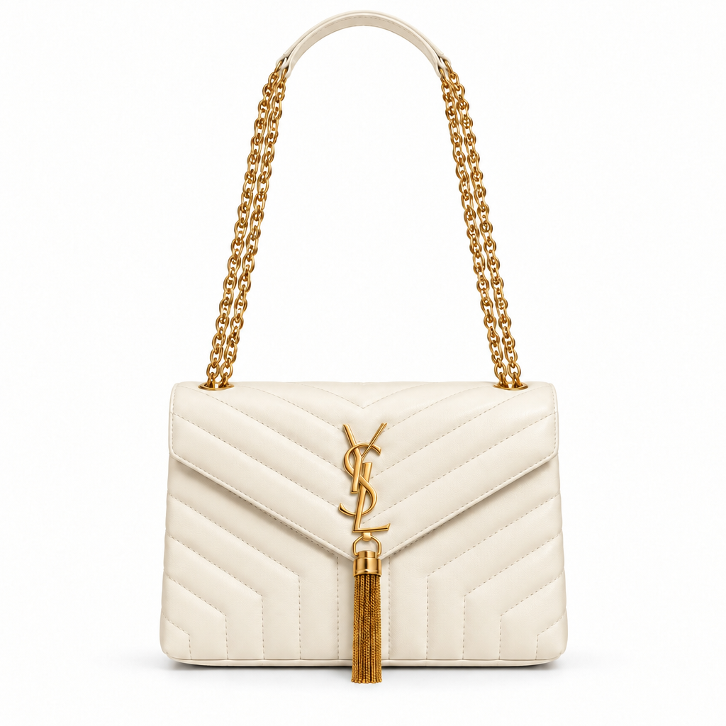 YSL style chevron quilted tassel chain flap bag - cream, studio view