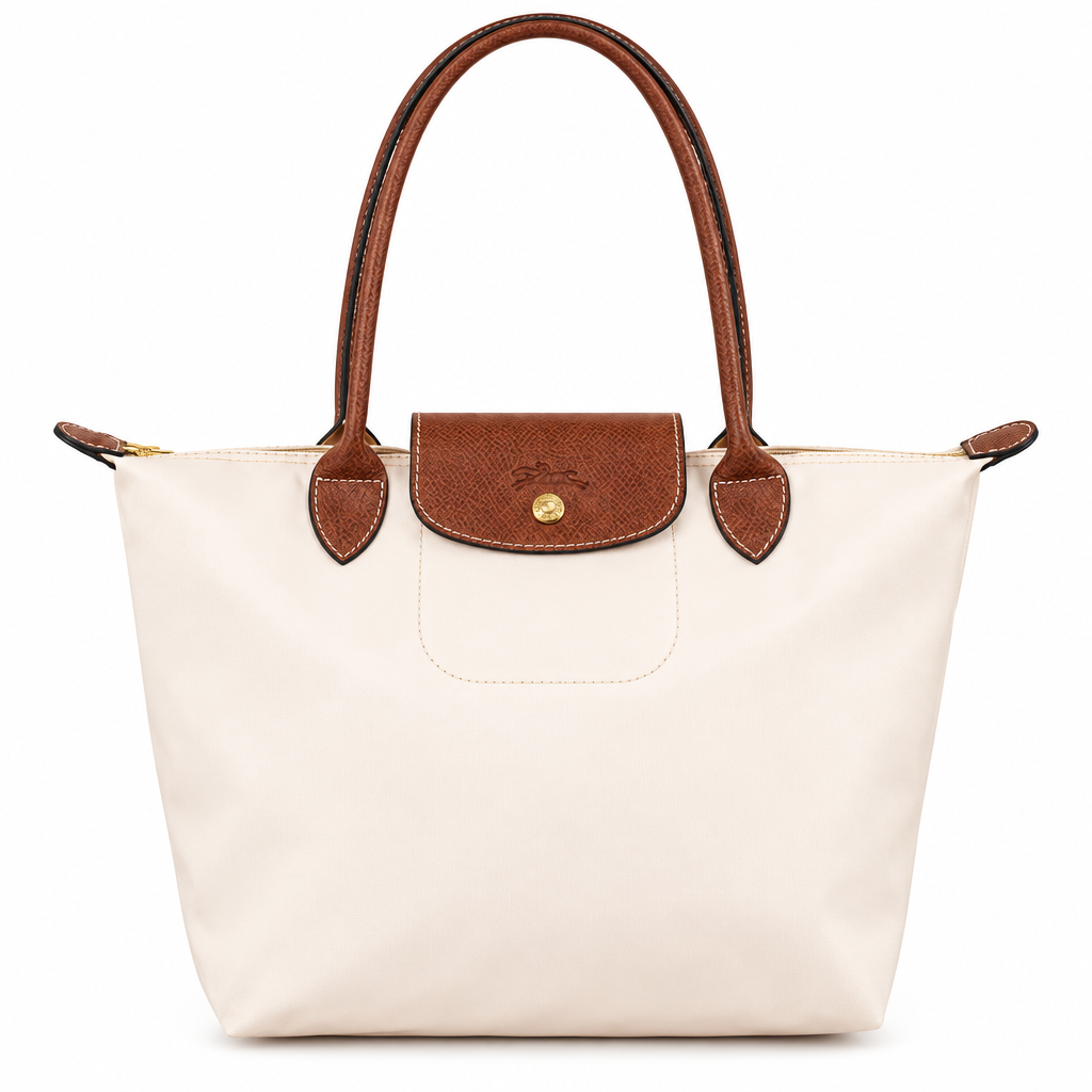 Longchamp style shoulder tote - off-white with brown trim, studio view