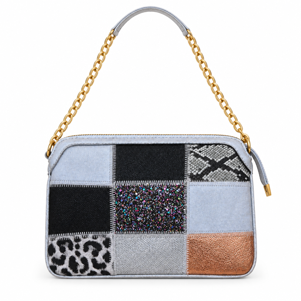 Patchwork chain shoulder bag - light blue, studio view