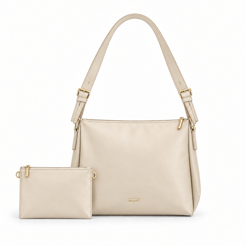 LILLY Style Classic Shoulder Bag - cream-beige with coordinating pouch, studio reference