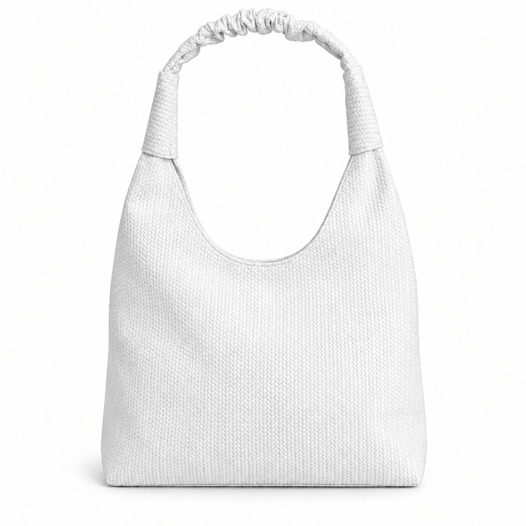 Zara Style Woven Texture Ruched-Handle Shoulder Bag - white, studio view