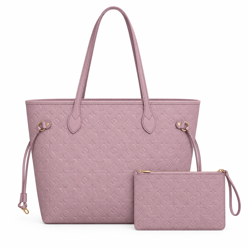 Louis Vuitton style embossed tote and pouch - mauve, studio view