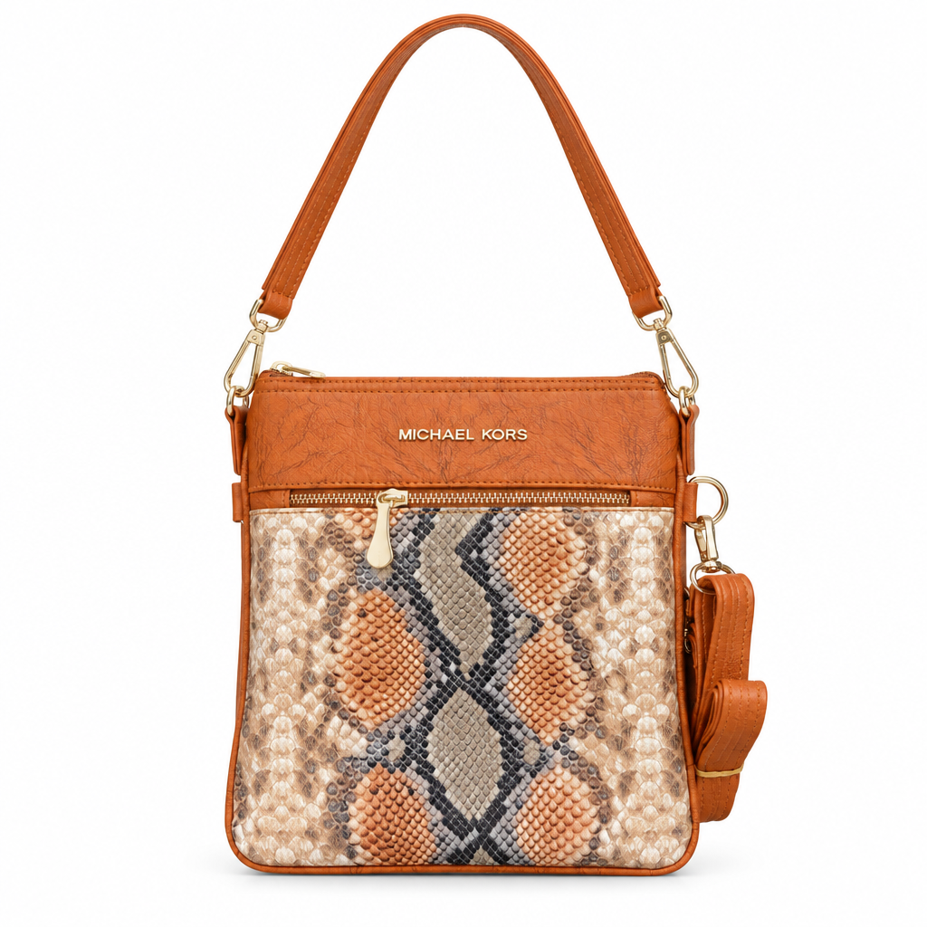 Michael Kors style snake print crossbody bag - orange snake with cognac, studio view